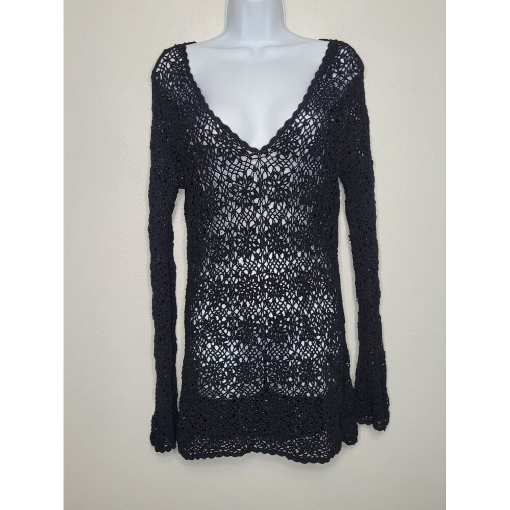 Black open knit coverup mermaidcore grunge long sleeve tunic sweater mini dress